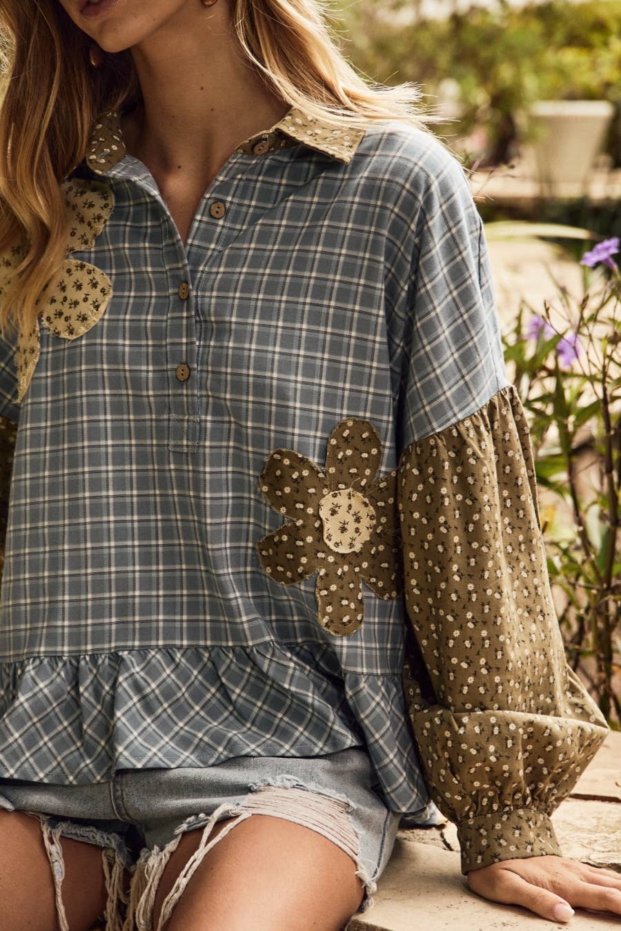 Plaid Button-up Shirt : SKYBLUE COMBO