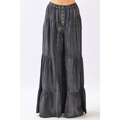 WASHED CHAMBRAY TIERED WIDE LEG BUTTON FRONT PANTS: BLACK
