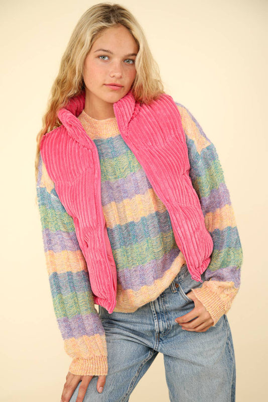 Zig-Zag Padded Corduroy Puffer Jacket: Pink