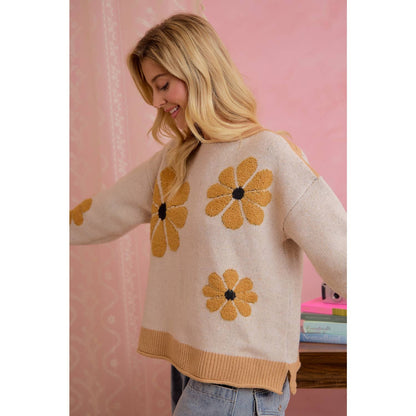 LATTE DAISY FLORAL RIBBED SWEATER