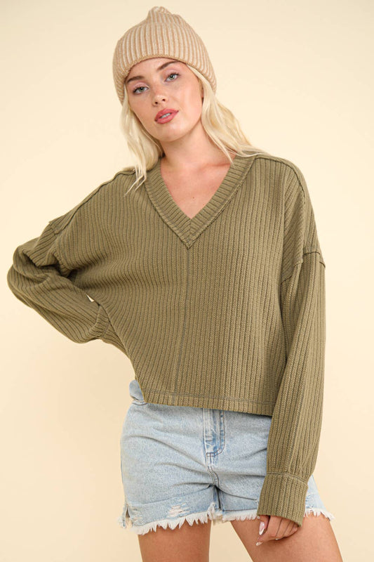 Casual Comfy Soft V-Neck Knit Top: OLIVE