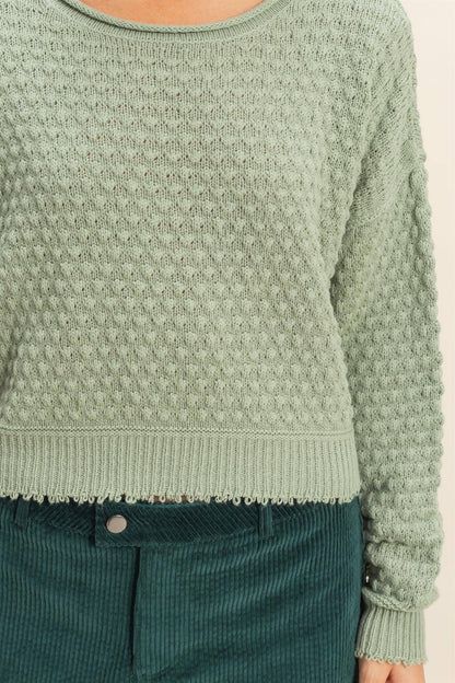 Textured Round Neck Long Sleeve Sweater: SAGE GREEN