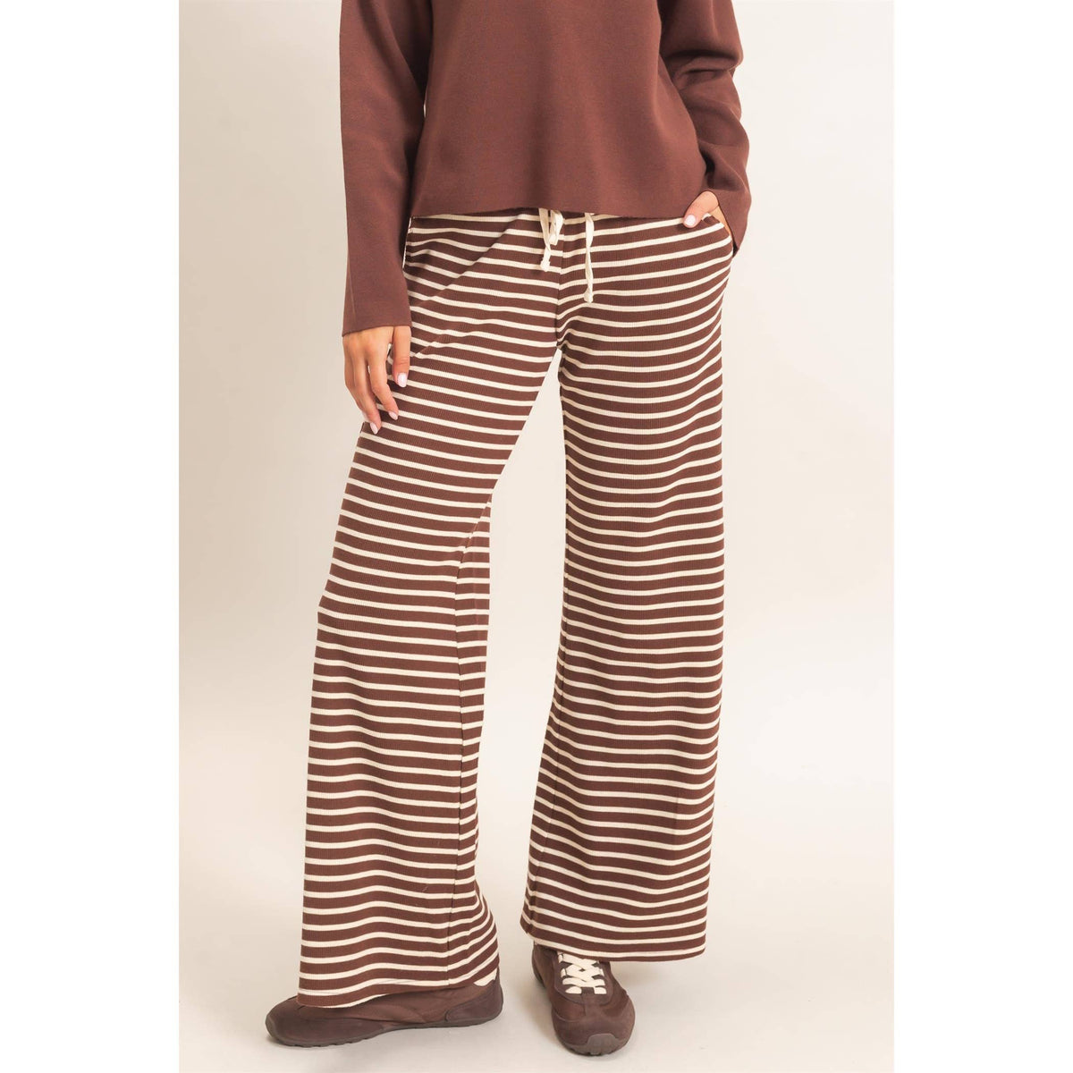 Low Rise Striped Waffle Knit Pants: DARK BROWN