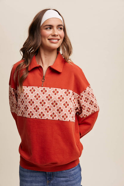 Retro Flower Panel Half-Zip Pullover