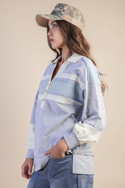 Color Block Oversized Collared Casual Knit Top