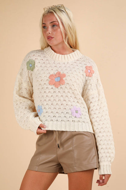 Hand Made Flower Applique Knit Sweater Top: CREAM