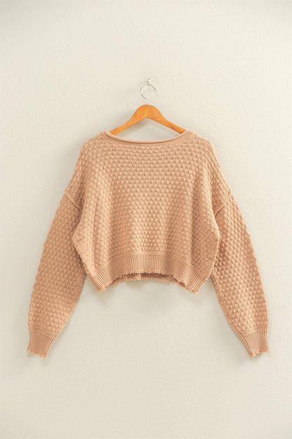 Textured Round Neck Long Sleeve Sweater: DARK TAUPE