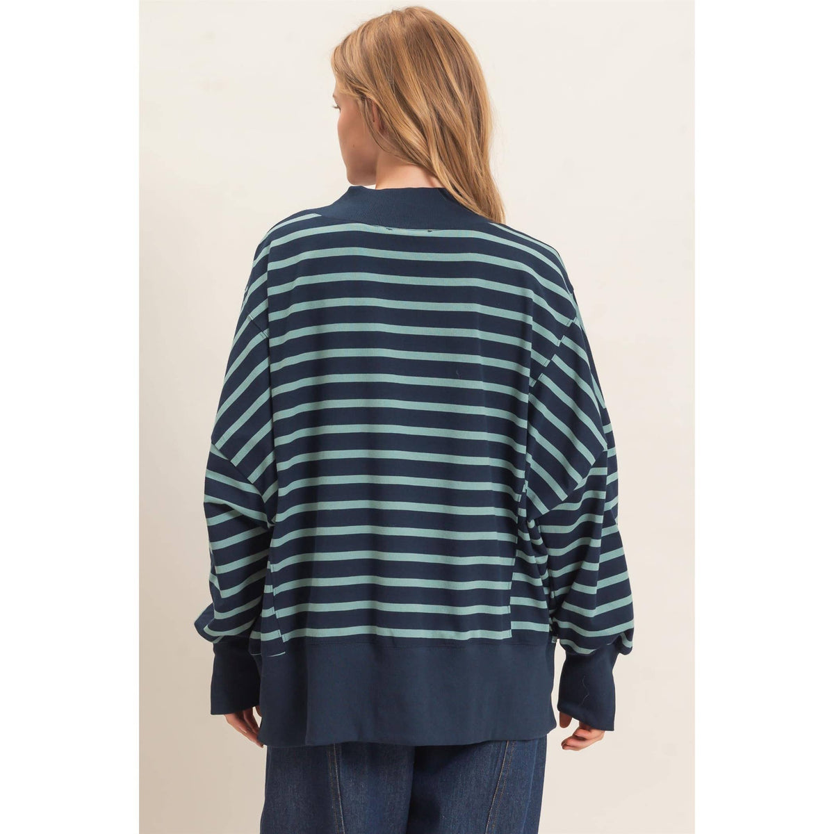 Striped Mock Neck Sweatshirt: NAVY/SAGE