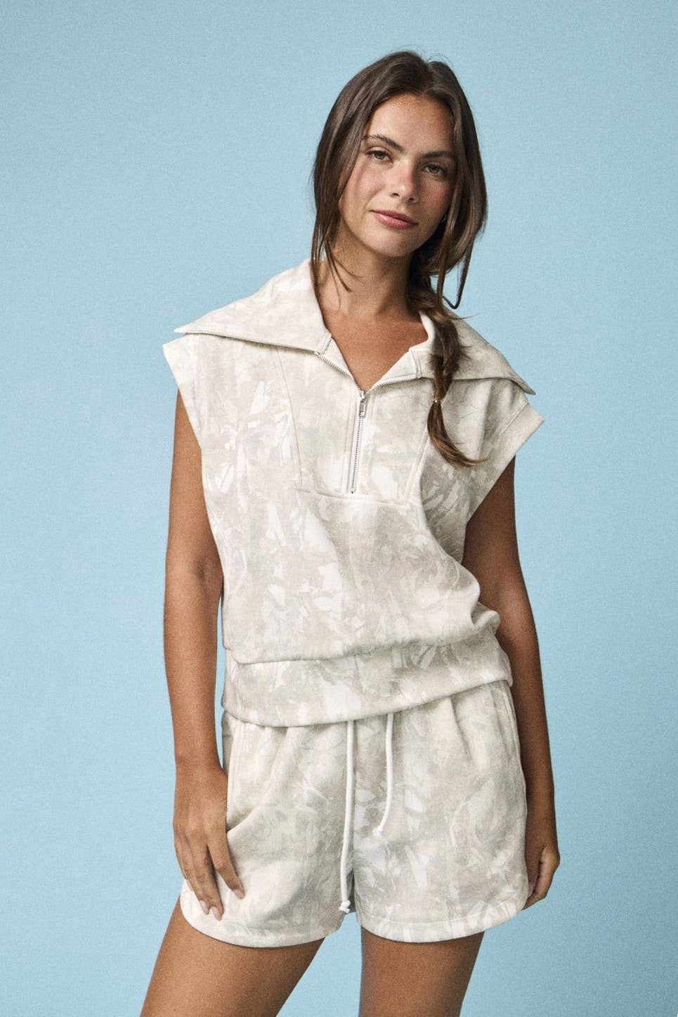 Camo Half Zip Slvls Top and Shorts Set-CAMO