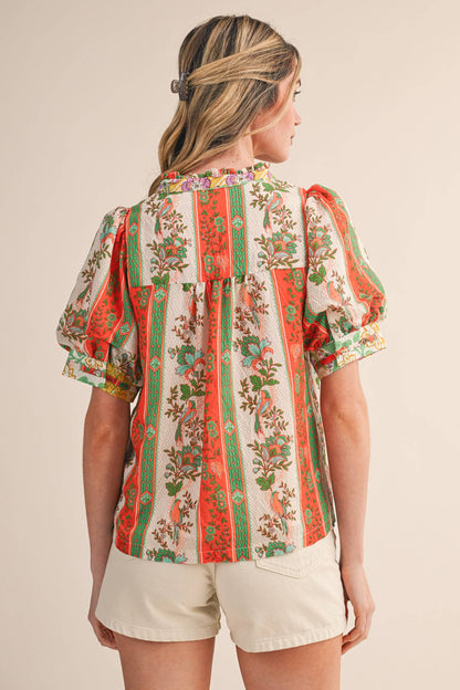 BORDER PRINT PIN TUCK BIB TOP