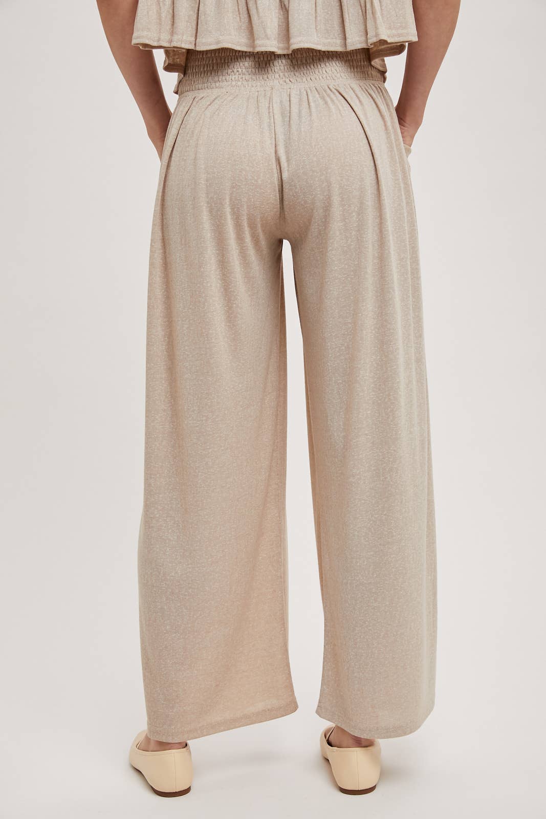 RELAXED KNIT SMOCKED TOP AND WIDE PANTS
