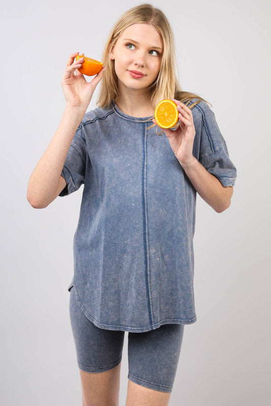 Washed Stretchy Knit Activewear Top & Shorts