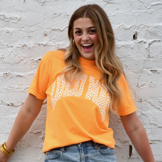 LuLu Mac Checkered Adult Bright Orange Comfort Colors Tee: Bright Orange