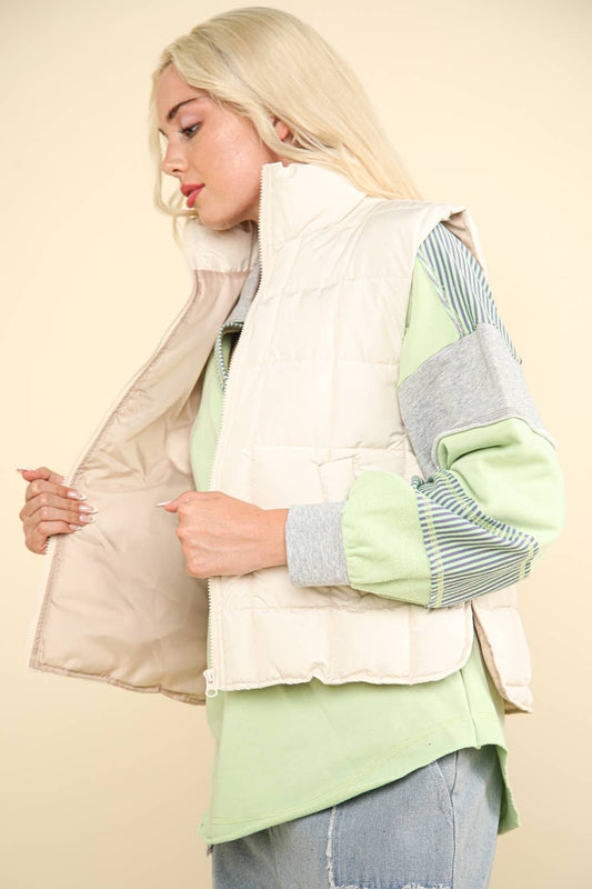 Solid Puffer Padded Warm Vest: Cream