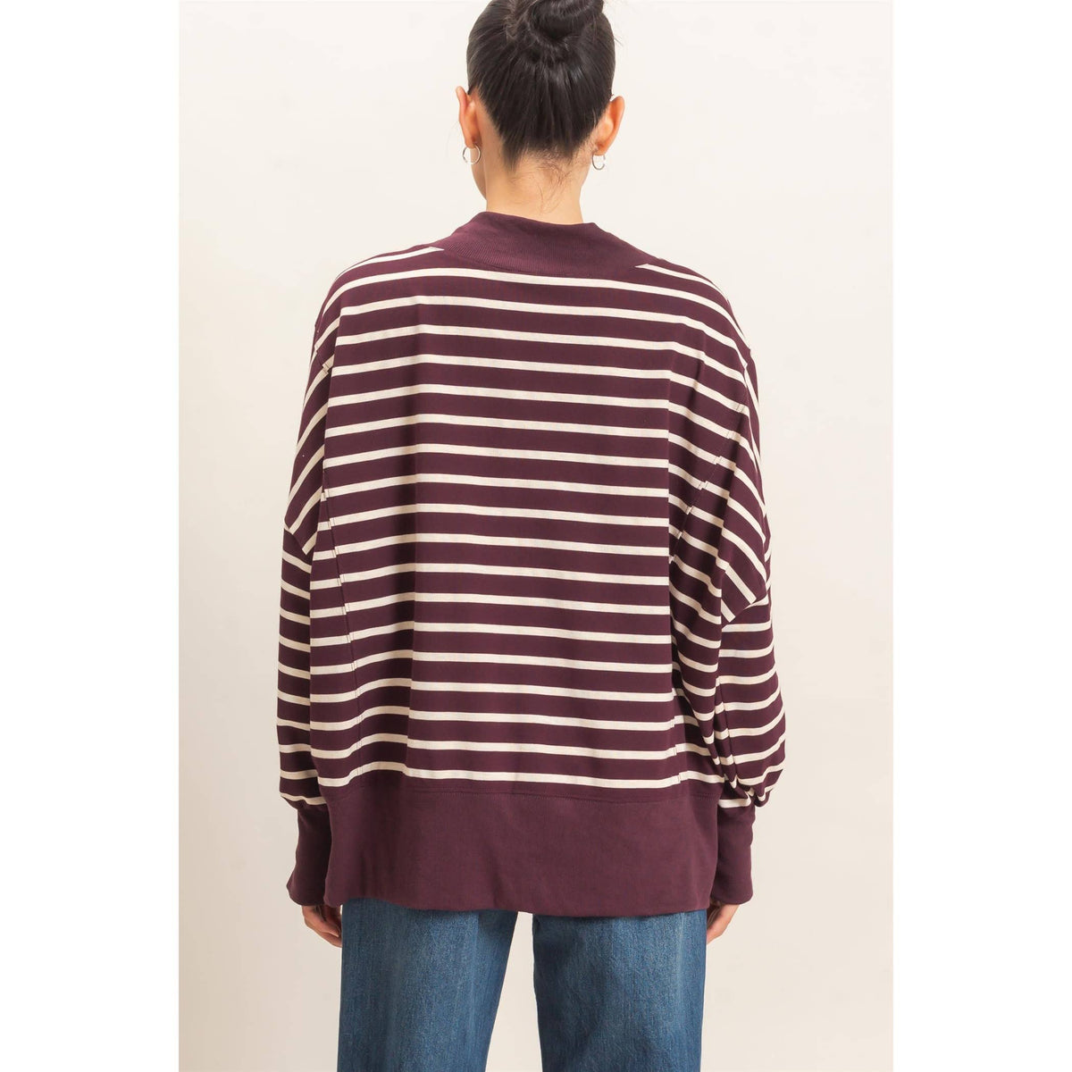 Striped Mock Neck Sweatshirt: RASPBERRY/ECRU