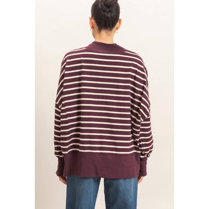 Striped Mock Neck Sweatshirt: RASPBERRY/ECRU