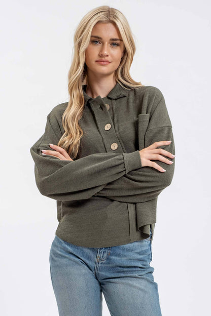 COLLARED RAW EDGE KNIT TOP: Forrest