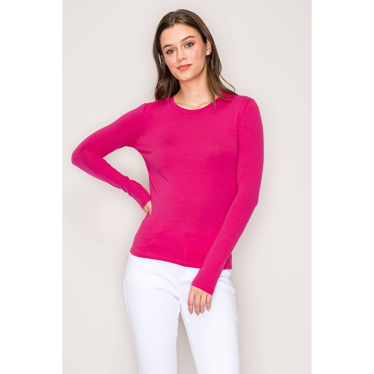 Popular 21 - Crew Neck Long Sleeve Cotton Span Knit Tee: Charcoal / S-M-L(2-2-2)