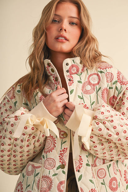QUILTED MIXED FLORAL PRINT JACKET WITH RIBBON DETAIL