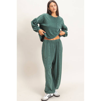 Mineral Wash Puff Long Sleeve Boxy Top: DARK GREEN