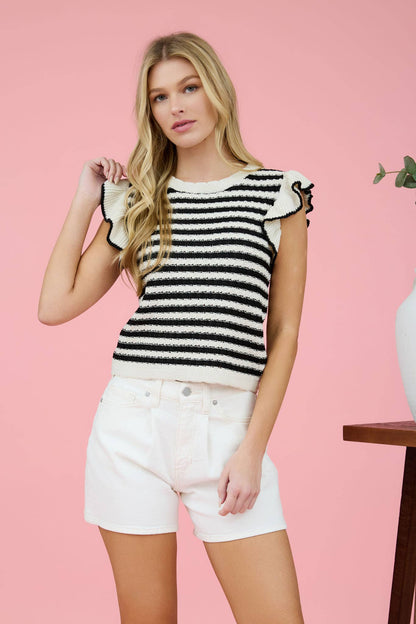 STRIPE SHORT RUFFLE SLEEVE SWEATER KNIT TOP