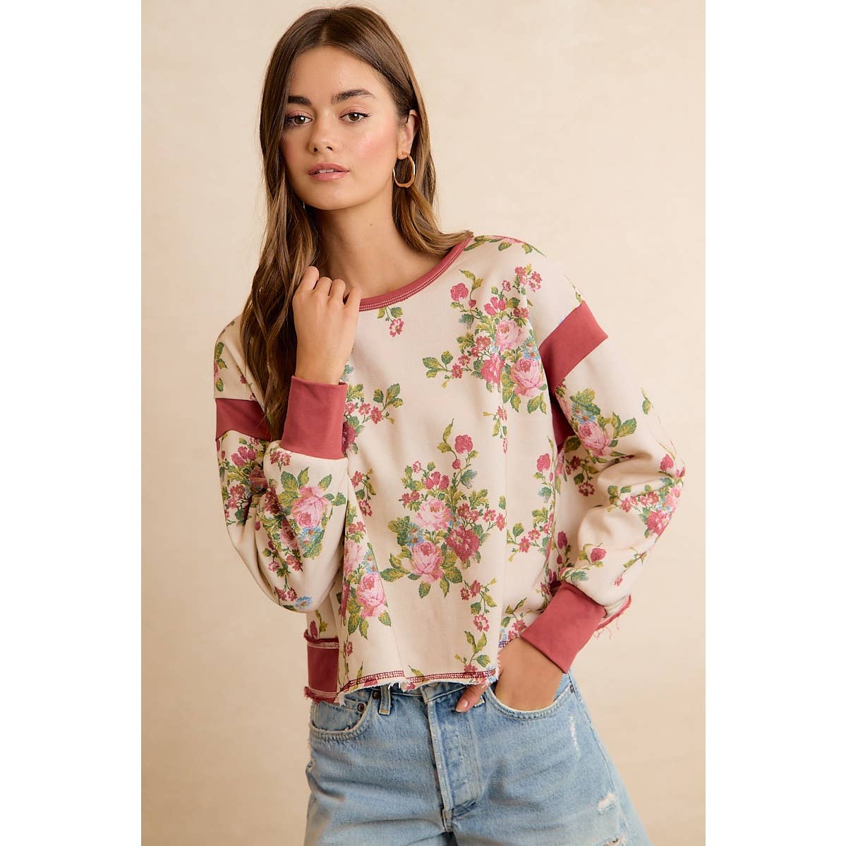 FLORAL BRUSHED TERRY OPEN BACK LONG SLEEVES TOP