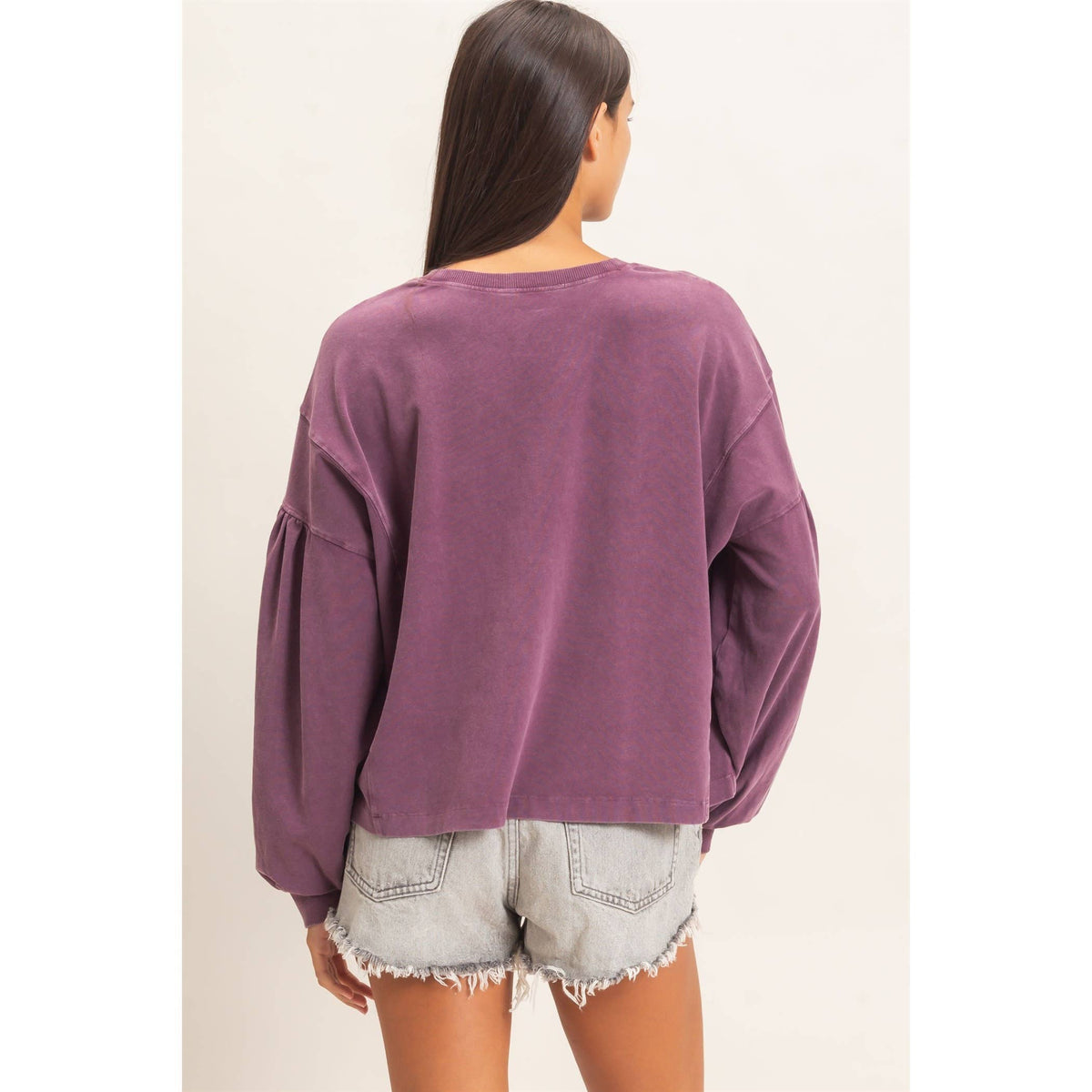 Mineral Wash Puff Long Sleeve Boxy Top: DARK CHERRY