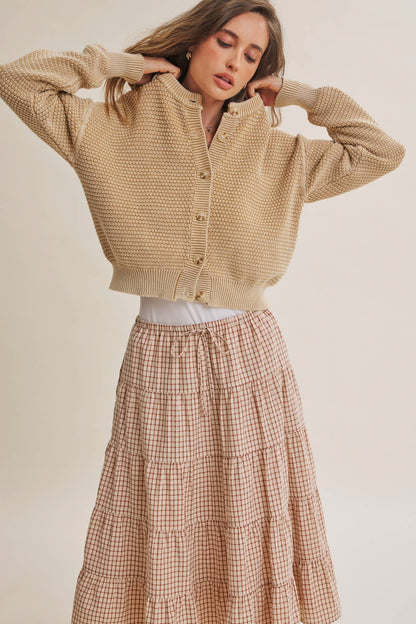 SEASONLESS MINERAL-WASHED COTTON WAFFLE BUTTON-DOWN CARDIGAN: BEIGE