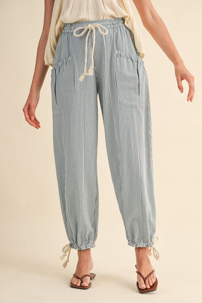 STRIPED PARACHUTE PANTS: DENIM STRIPE