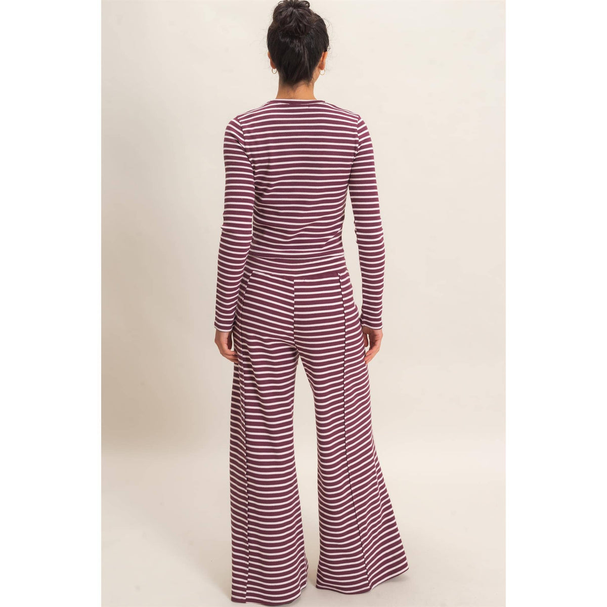 Striped Waffle Long Sleeve Set: DARK CHERRY