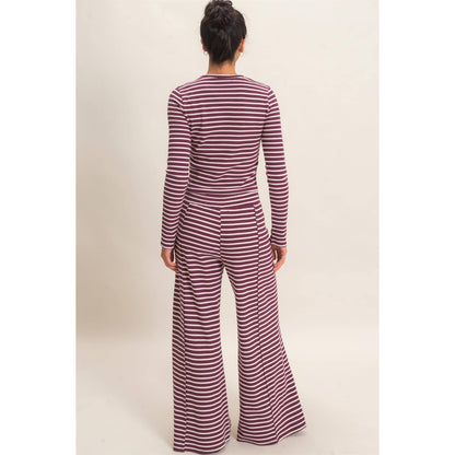 Striped Waffle Long Sleeve Set: DARK CHERRY