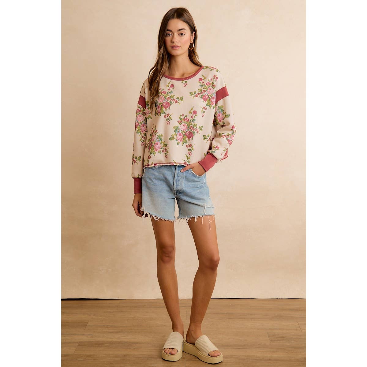 FLORAL BRUSHED TERRY OPEN BACK LONG SLEEVES TOP