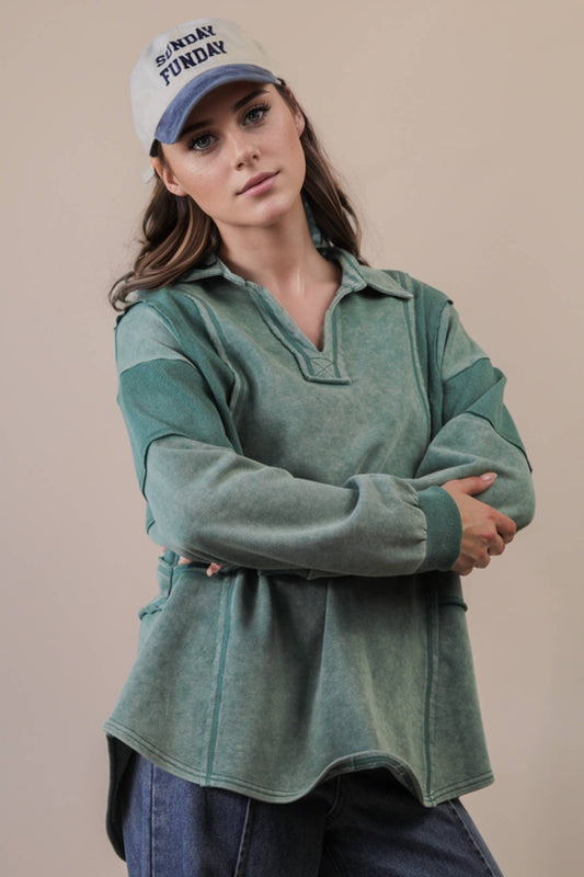 Mineral Washed Oversized French Terry Knit Top: SAGE