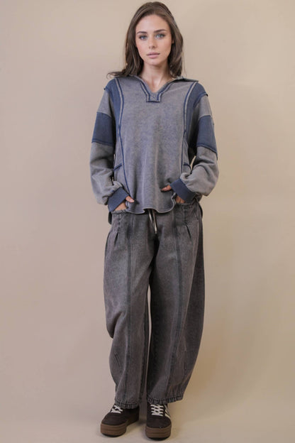 Mineral Washed Oversized French Terry Knit Top: DENIM