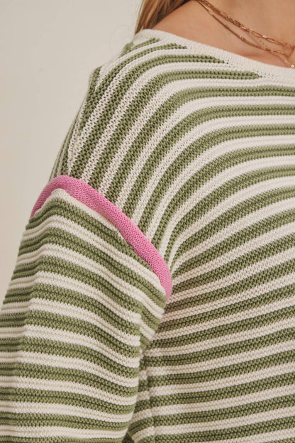 CRISP AIR COTTON SWEATER TOP WITH MODERN POP OF CONTRAST