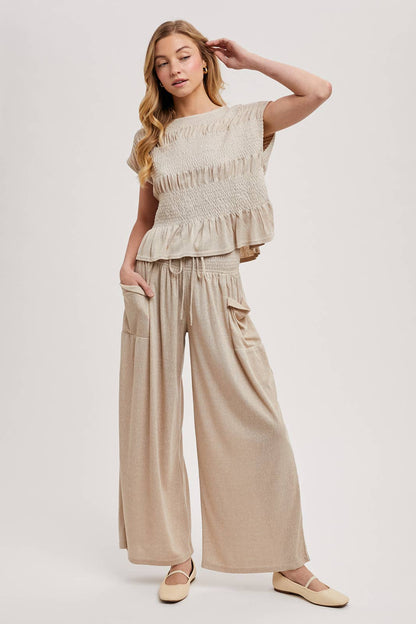 RELAXED KNIT SMOCKED TOP AND WIDE PANTS