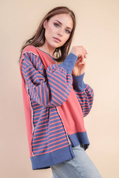 Oversized Striped Casual Knit Top: CORAL