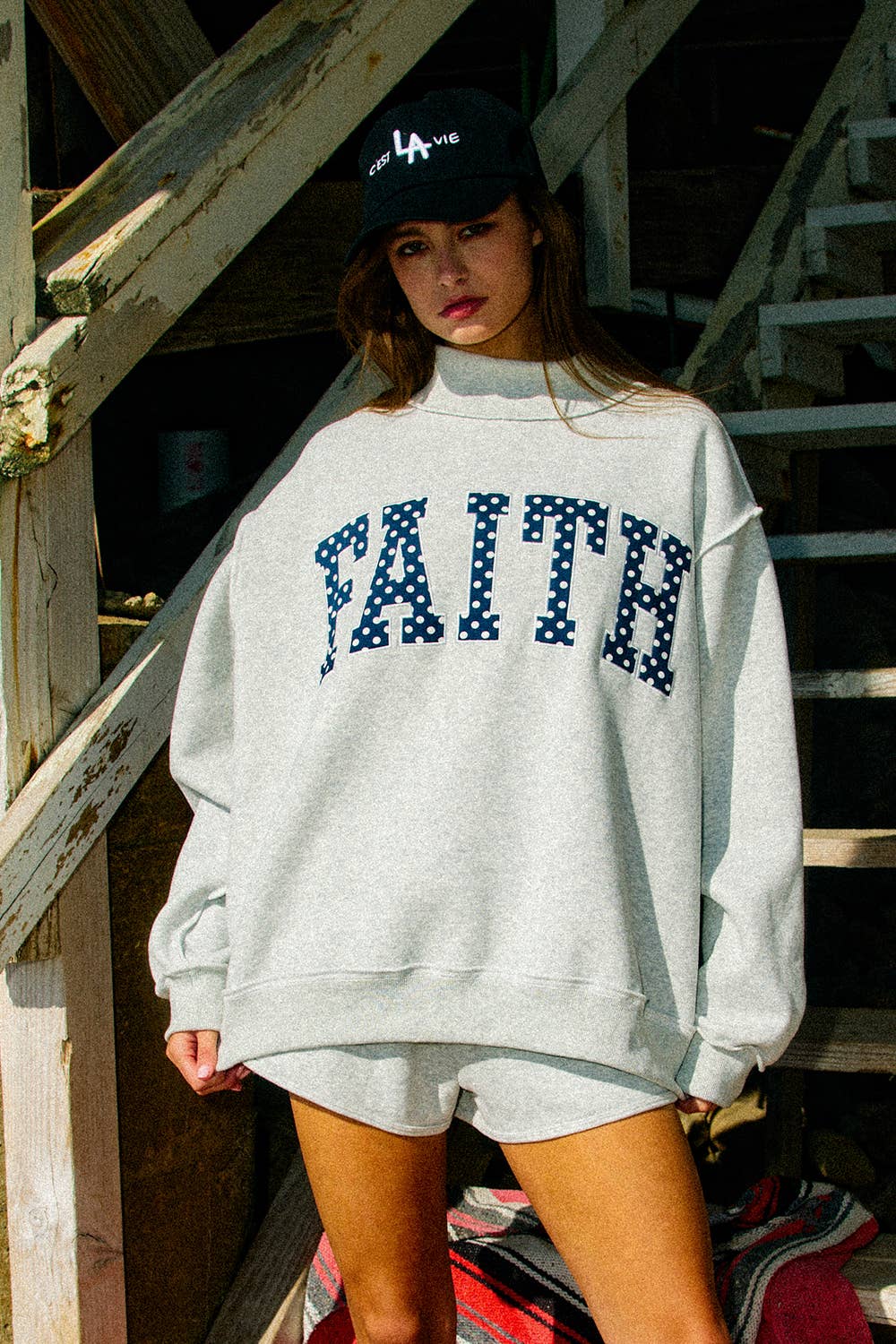 FAITH | Embroidered Polka-Dot Mock Neck Sweatshirt