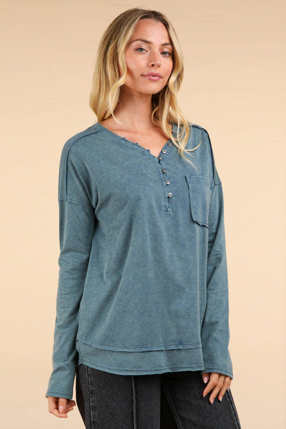 Mineral Washed Cotton Comfy Knit Top: DENIM