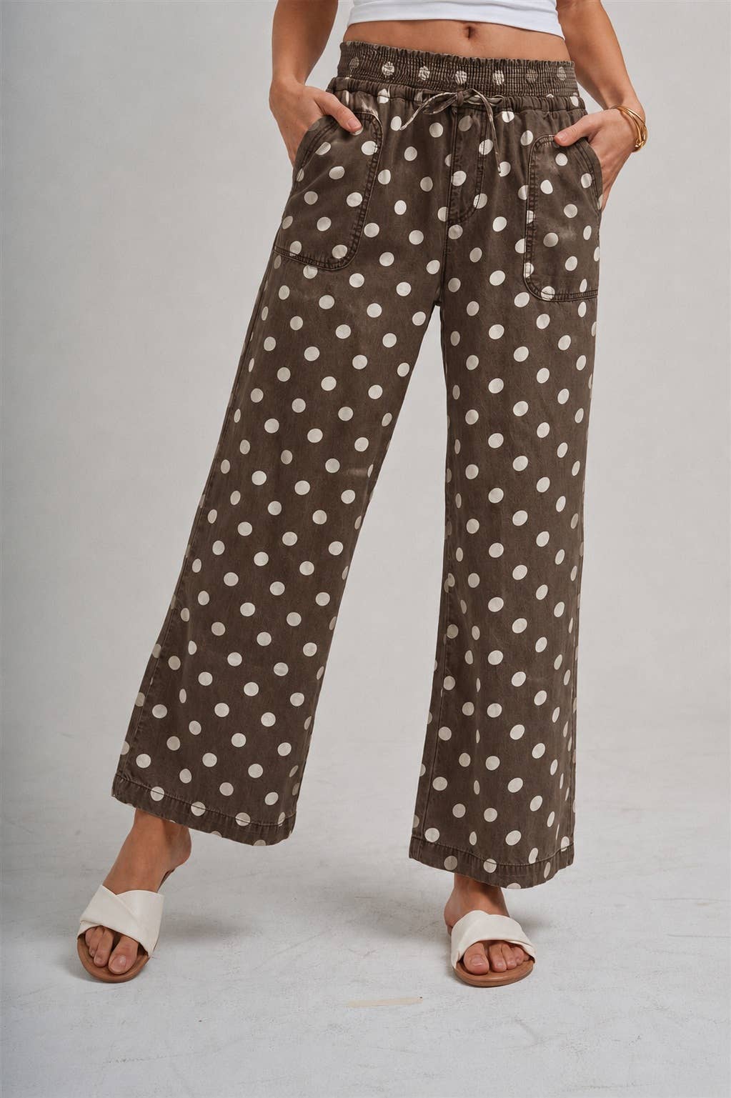 RELAXED WIDE LEG SOFT POLKA DOT DRAWSTRING PANTS-CHOCOLATE