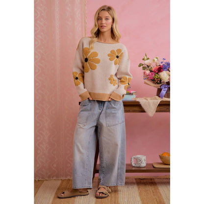 LATTE DAISY FLORAL RIBBED SWEATER