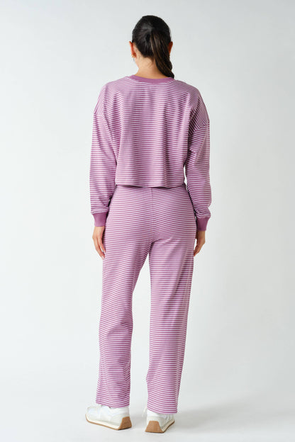 Coastal Striped Crop Top & Pant Set: MULBERRY/WHITE