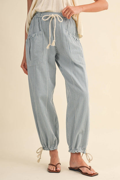 STRIPED PARACHUTE PANTS: DENIM STRIPE