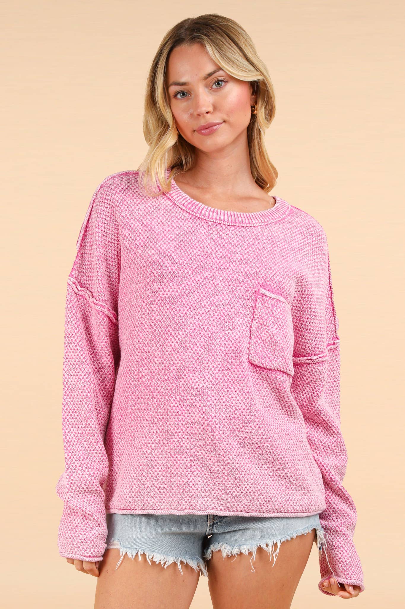 Mineral Washed Knit Oversized Sweater Pullover Top: PINK