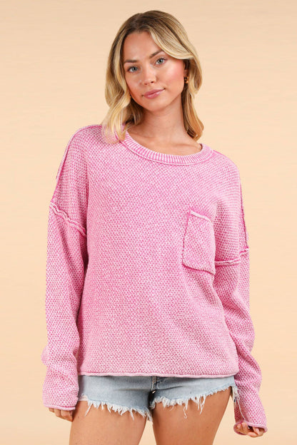 Mineral Washed Knit Oversized Sweater Pullover Top: PINK