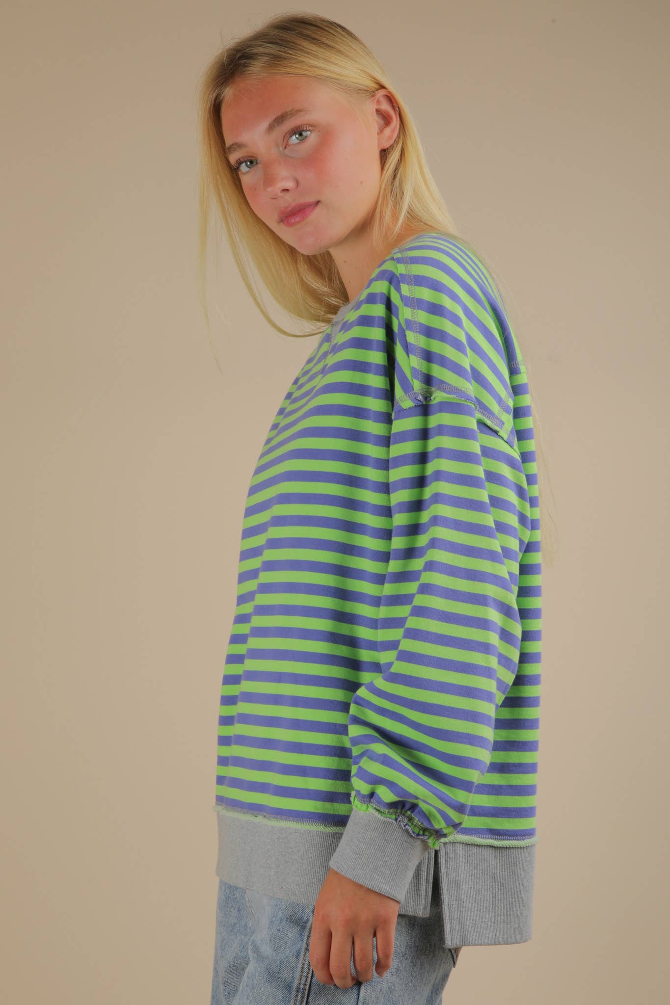 Stripe Comfy Casual Oversized Knit Top: GREEN/BLUE