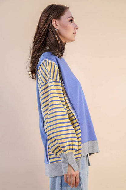 Oversized Striped Casual Knit Top: BLUE