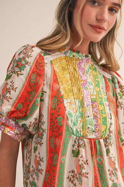 BORDER PRINT PIN TUCK BIB TOP