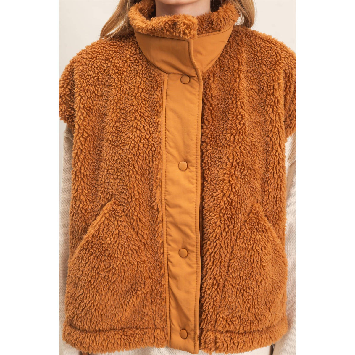 Sherpa Vest With Snap Closure: CAMEL