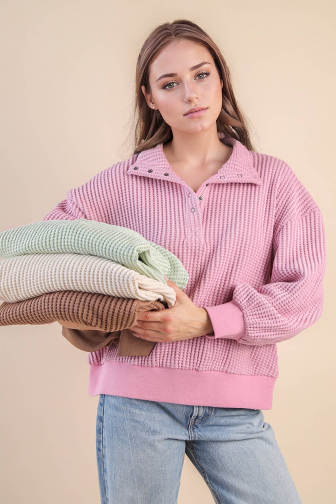 Oversized Half Button Down Casual Waffle Knit Top